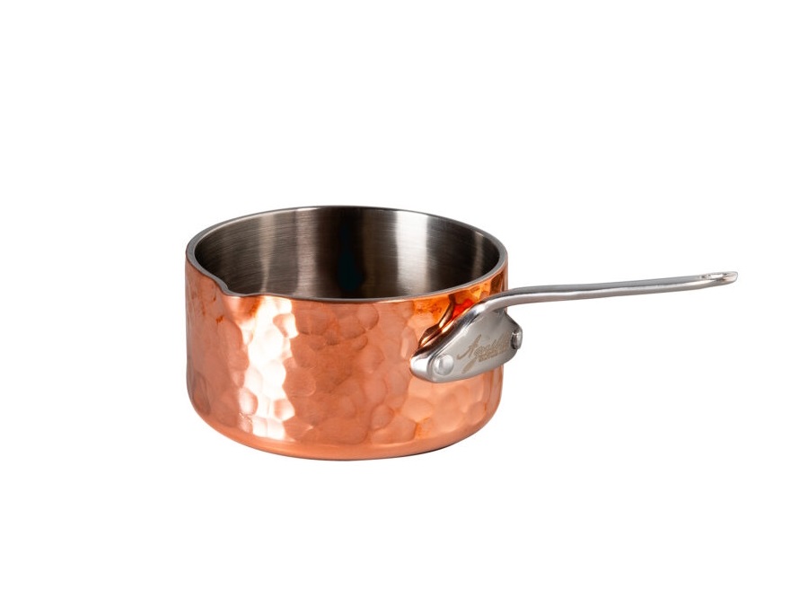 PENTOLE AGNELLI Casseruolino in Copper 3 martellato con beccuccio a dx   1 manico 1907 - Ø 5 cm