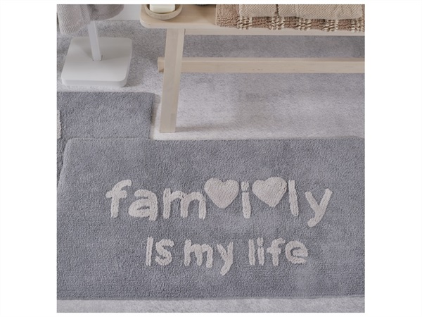 MAISON SUCREE Messaggi family, tappeto in puro cotone con trattamento antiscivolo 50x90, grigio