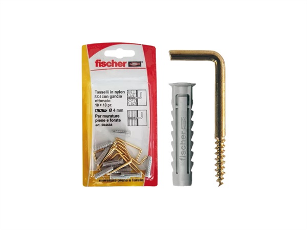 FISCHER Tassello SX 4 con gancetto appendiquadri in blister, Ø foro 4 mm, oro, 10 pz