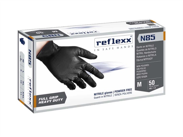 REFLEXX Guanti In Nitrile Senza Polvere, Full Grip, N85 Nero , Ultra resistente