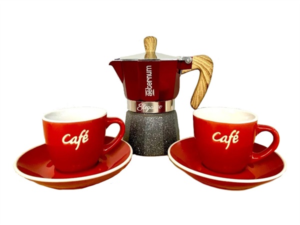 BIALETTI INDUSTRIE Moka Caffè 3 tazze + 2 tazzine con piattino Rosso - Elegance woodred