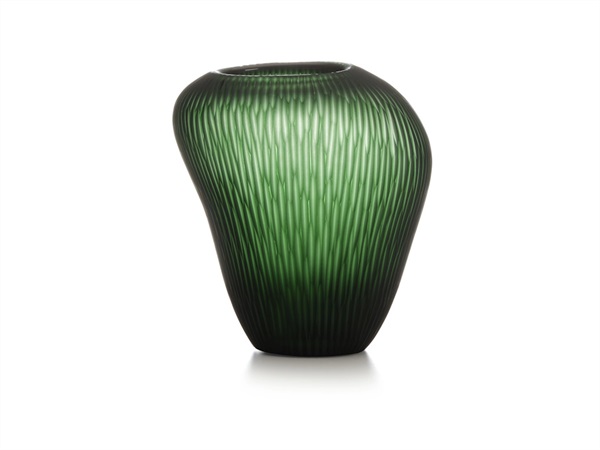 IVV Carving vaso in vetro verde satinato con righe molate verticali H 23 cm