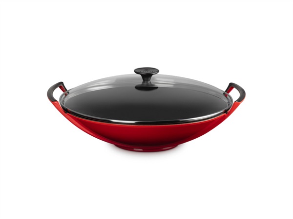 LE CREUSET Wok con coperchio in vetro in ghisa vetrificata 36 cm - ciliegia