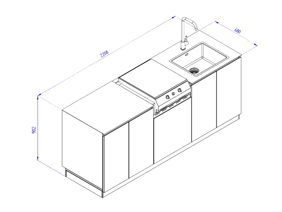 FLAMINIA OUTDOOR Cucina economica da esterno, Ral 7016, con bbq a gas 2 fuochi frytop 500