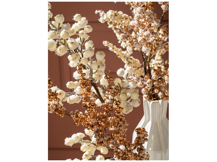 L'OCA NERA Fiori delle feste-bianco e oro, ramo con bacche argento piccole, 85h cm