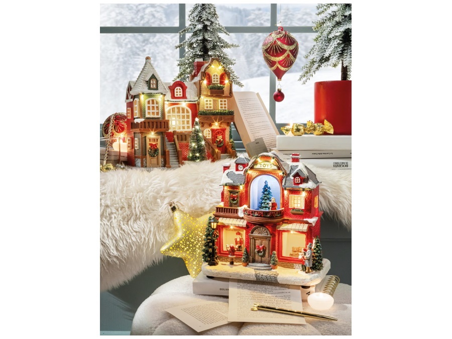 L'OCA NERA Happy village, casa con musica e led, 27,5x15,5x28,5h cm