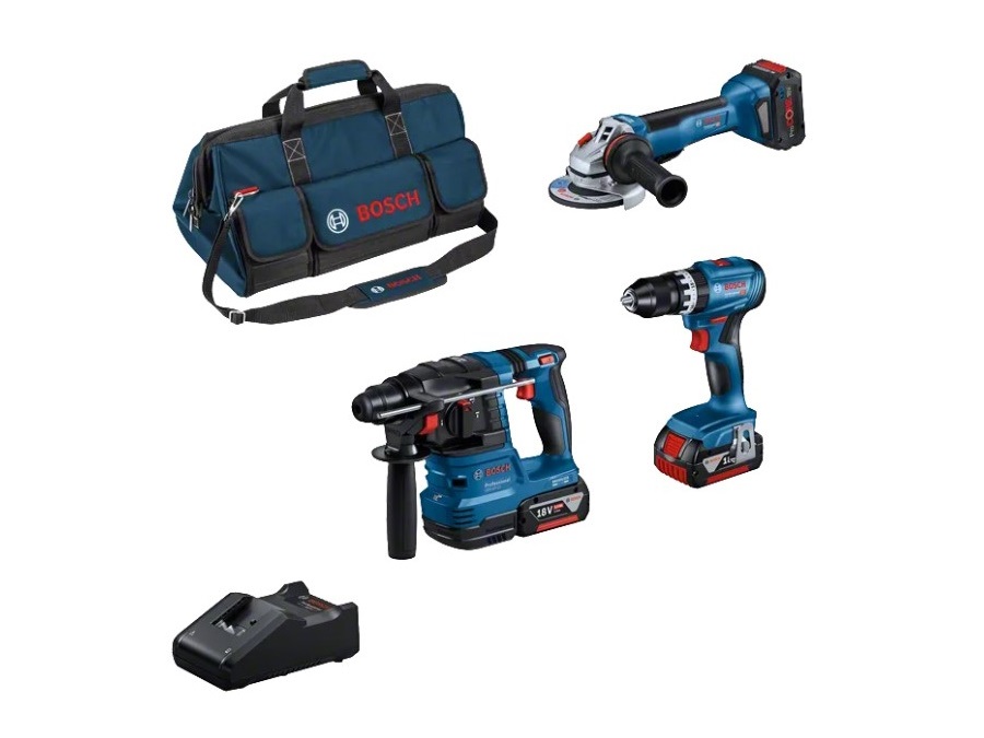 BOSCH Kit 3 elettroutensili 18V Bosch Professional GSB 18V-45 + GWS 18V-10 + GBH 18V-22 + 2 BATTERIE DA 5,0 AH + 1 BATTERIA DA 5,5 AH (PC) + GAL 18-40 + BORSA