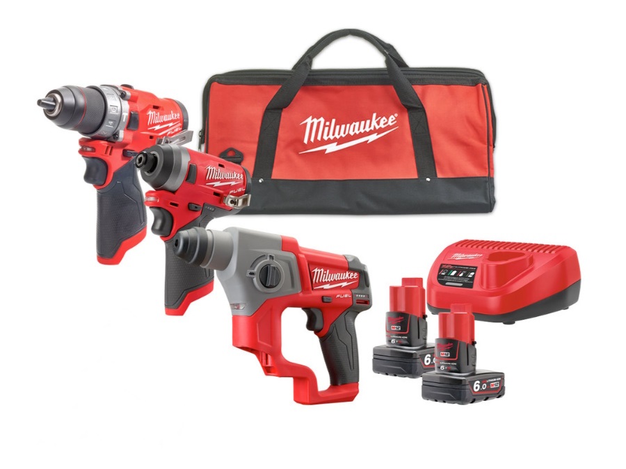 MILWAUKEE Kit M12 FPP3C-601 - Trapano M12 FPD2 + Tassellatore M12 CH + FID2 Avvitatore a impulsi, 2 x 6Ah