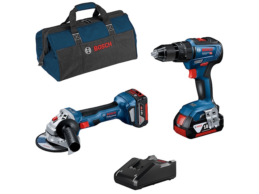 BOSCH Kit trapano avvitatore GSB 18V-55 + smerigliatrice GWS 18V-7 + 2 batterie 18V-4Ah + borsone Bosch