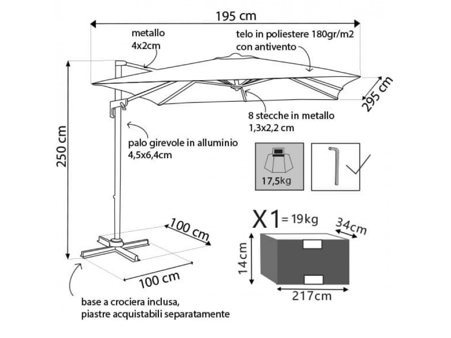 MAGAZZINI COSMA S.P.A. Ombrellone Newton nero con palo laterale 2x3 telo ecru