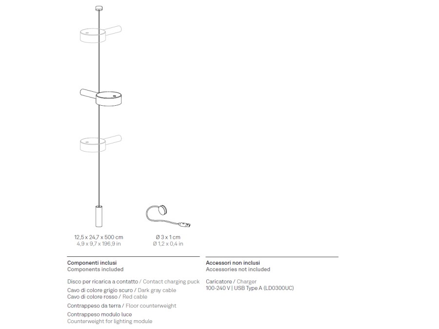 ZAFFERANO S.R.L. Super O, lampada ricaricabile da sospensione verticale, 2 moduli - bianco