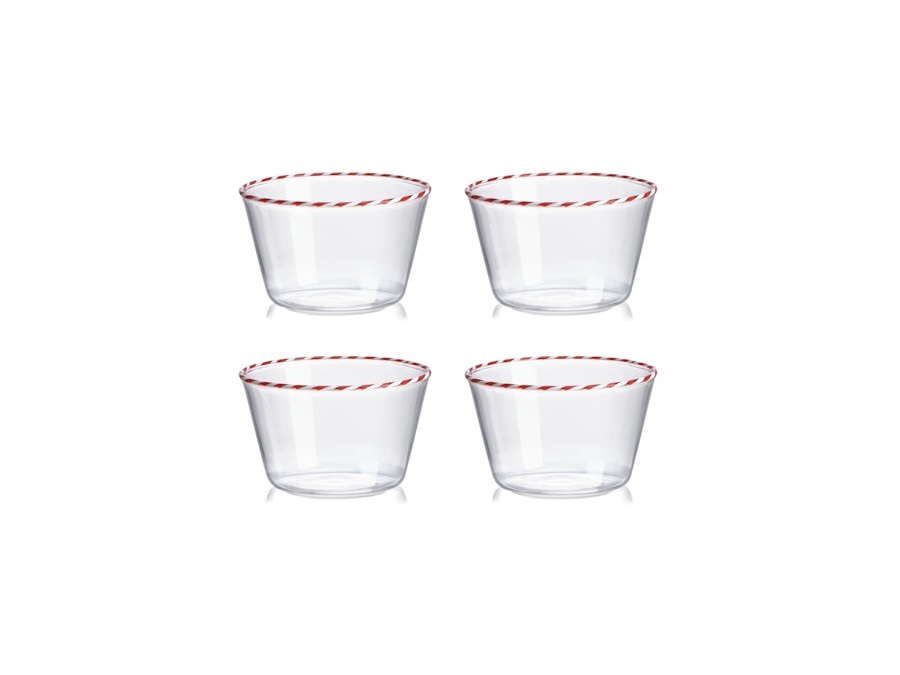 IVV Sweet set 4 coppette in vetro borosilicato trasparente con bordo filo rosso e bianco