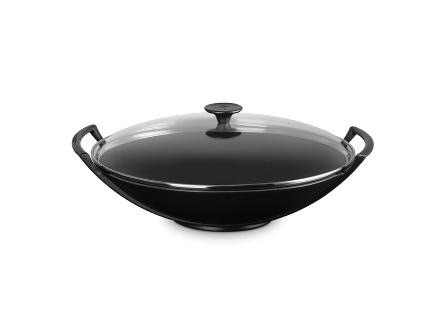 LE CREUSET Wok con coperchio in vetro in ghisa vetrificata 36 cm - nero matt